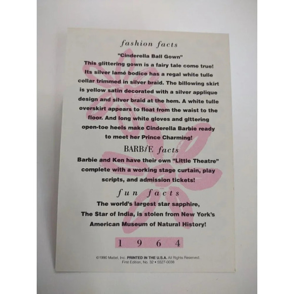 Barbie Collectible Fashion Trading Card  " Cinderella Ball Gown " Gloves 1964 - Picture 2 of 2
